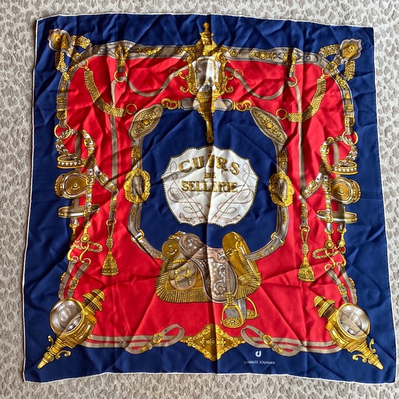 Charles Jourdan Navy and Red Equestrian-Themed Silk Scarf, 33” square - Picture 3 of 6